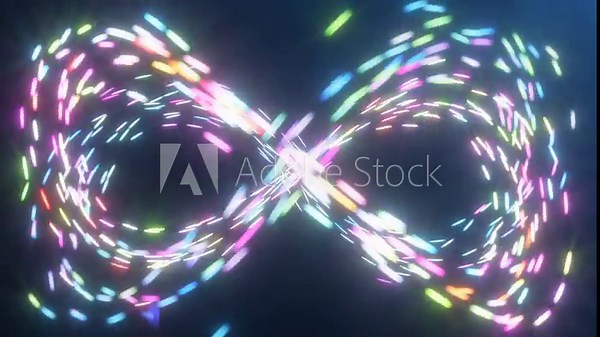 The background of neon lights in the sign of infinity. Neon rays move along a trajectory at high speed