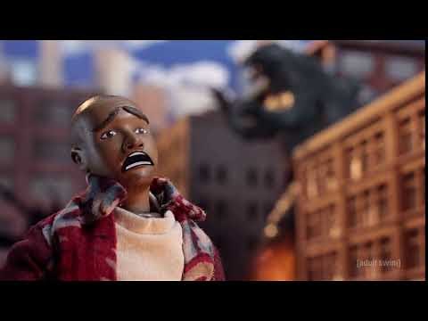 Robot Chicken - Godzilla destroys a city with a shark stuck in its groin