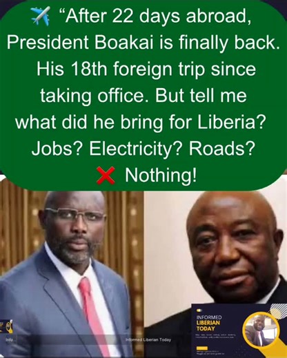 ✈️ After 22 days abroad and 18 trips in less than 2 years, President Boakai is back. But the streets of Monrovia are still the same — no jobs, no lights, no roads. Meanwhile, Sierra Leone just landed a $2.2 BILLION energy deal at the UN. 👉 Question for Liberians: Are these trips for Liberia’s benefit or just for personal connections? #Liberia #MamaLiberia #WeTire #BoakaiTrips #AccountabilityNow #LiberiaDeservesBetter #UNGA2025 #WhereIsTheDeal #EmptyTrips #RescueOrSuffer #SierraLeoneEnergyDeal #