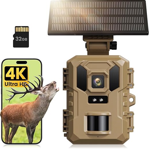 WLAN Wildkamera mit Handyübertragung App, 4K 64MP Wildtierkamera mit Nachtsicht Bewegungsmelder, Solar-Wild Kamera mit 850nm Infrarot-LED, 0,1s Auslösung, 32GB SD-Karte, IP66 Wasserdicht