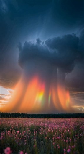 95K views · 5.2K reactions | Chaos and order in a single frame. ️ This is what happens when a massive rain shaft acts as a giant prism. As the sunlight hits the dense column of falling water at the perfect angle, it refracts and scatters, turning a localized storm into a towering spectrum of light. Physics is beautiful. | Ethereal Earth | Facebook