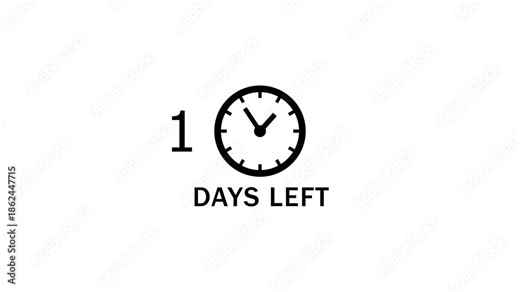 1 Days left countdown clock icon animation. Countdown timer clock animation.