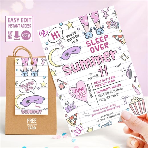 Pink Sleepover Invitation, Doodle Pajama Party Invite, Editable Corjl Template - Etsy