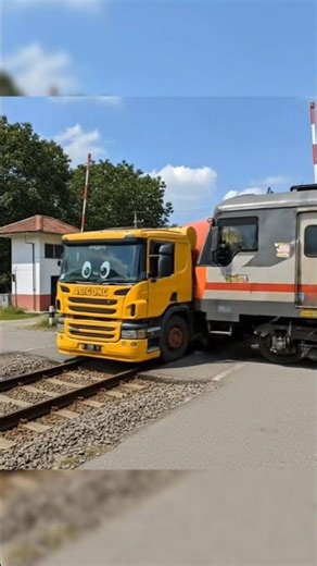 The moment the cement mixer truck was thrown after being hit by a train