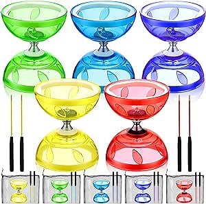 Hungdao 5 Set Chinese Diabolo Set Triple Bearing Chinese Yoyo 5” Multi Colors Diabolo Big Yoyo with Fiberglass Sticks, Mesh Drawstring Bags and Strings (Transparent)