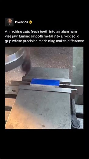 Invention on Instagram: "The process shown is the machining of fresh serrations into an aluminum vise jaw. A smooth jaw blank is clamped into a machine and a cutting tool forms evenly spaced teeth across its surface. These teeth are what allow the vise to grip a workpiece securely instead of relying only on clamping force. Aluminum jaws are often used to protect softer or finished parts from damage while still providing reliable holding power. Cutting precise serrations increases friction and pr