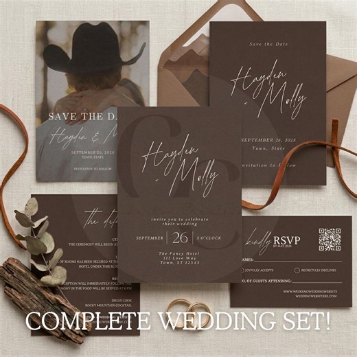 Western Wedding Invitation Suite, Dark Brown Cowboy Desert Invite Set (digital Download) - Etsy