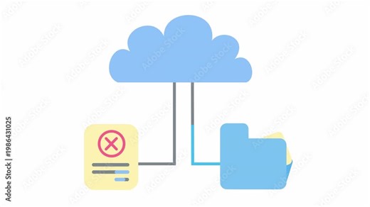 Error checkmark on a cloud computing network diagram with a failed document and data folder icon isolated on an alpha channel. Flat design of secure cloud storage and file synchronization symbol.