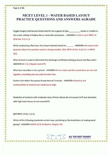 NICET LEVEL 1 WATER BASED LAYOUT PRACTICE QUESTIONS AND ANSWERS AGRADENICET LEVEL 1 WATER BASED LA