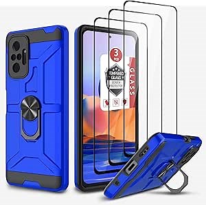 for Xiaomi Redmi Note 10 Pro Case, Redmi Note 10 Pro MAX Case with 3 Pcs Tempered Glass Screen Protector, Built-in Ring Kickstand and Magnetic Car Mount Shockproof Dropproof Defend Rugged Case -Blue