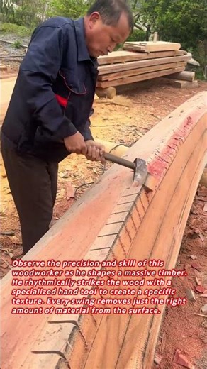 Master Craftsman Shaping A Large Log With Traditional Tools