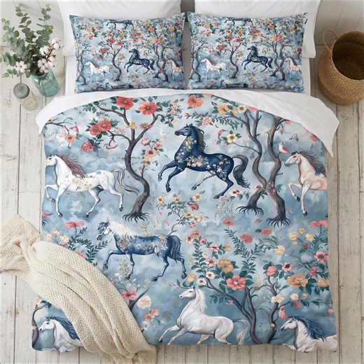 Mystic Floral Horse Quilt or Duvet Cover 3-piece Bedding Set | Vintage Cottagecore Equestrian Decor - Etsy