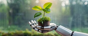Robot Hand Holding green sprout seedling for planting in greenhouse. Concept of saving planet earth using Artificial Intelligence. Background hi-tech in agriculture. Cultivation, nature conservation