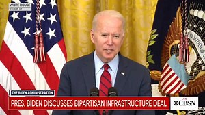 In order to pay for a sweeping infrastructure deal, "we're going to do it all without raising a cent from earners below $400,000," Pres. Biden says. Adding that there is no gas tax increase or fee for electric vehicles in the bipartisan plan. | CBS Evening News