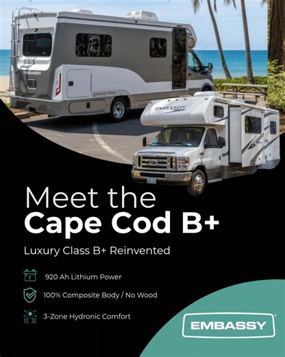 Ever dreamed of a luxury RV that’s truly built differently? Meet the Cape Cod B by Embassy RV—the next-level Class B that combines cutting-edge tech with handcrafted comfort. 🔹100% composite body 🔹Three-zone hydronic air & water heat, no propane needed. 🔹Huge interior: seats 4 & sleeps 4, with a 56″ × 72″ front sofa/bed plus a 7′ × 6′-4″ U-shape rear bedroom. 👉 Want to see for yourself? Schedule a factory tour today at https://embassyrv.com/ | Embassy RV