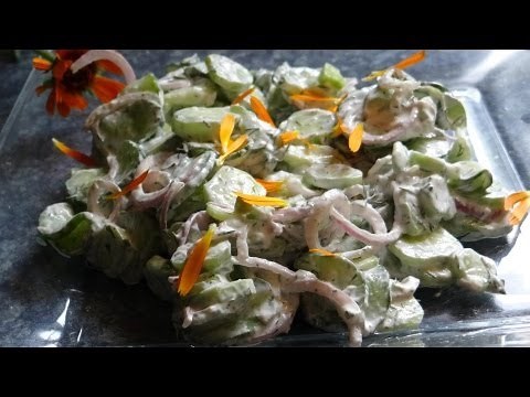 Organic Garden Cooking - Creamy Cucumber Dill Salad Recipe with Calendula and French Tarragon