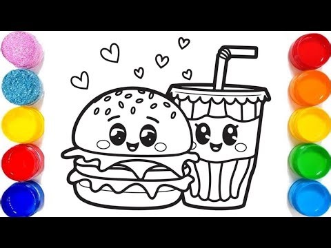 How To Draw A Burger 🍔| Easy Burger & Colddrink Drawing For Kids & Toddlers| Unhealthy foods drawing
