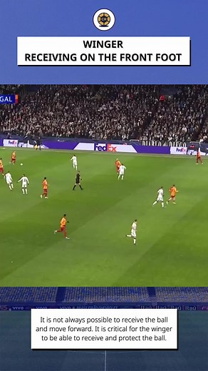 Winger - Receiving on the Front Foot Learn more about Movement through my Football’s Technical Handbook e-book - Link in the bio! The Front Foot Being able to receive the ball on the front foot and protect the ball from arriving pressure is an important asset for a winger. If the winger is unable to receive on the back foot and move forward. Not losing the ball is critical. When defensive pressure is arriving from behind, the winger should arrive square to the ball, securing it. Along presenting