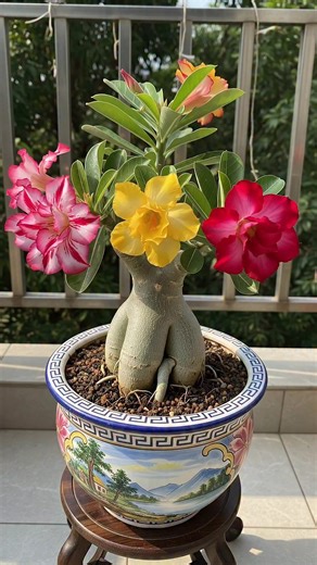 The plant is a Desert Rose (Adenium obesum)💮🌸, a striking succulent shrub known for its swollen, sculptural trunk and vivid, multicolored flowers. It’s often prized as a bonsai-style ornamental because of its dramatic form and resilience. 🌺🌵 #bonsai #flowers #gardening #garden | Ammy Lia