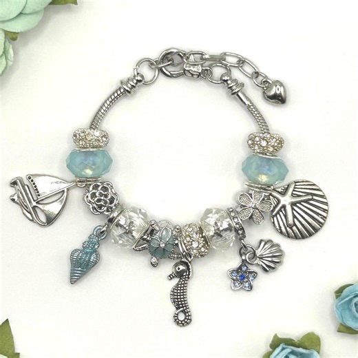 Snake Chain Sea Charm Bracelet: Pale Blue & Silver Beads, Handmade - Etsy
