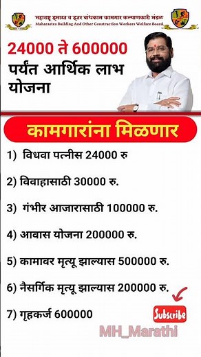 बांधकाम कामगार 24000 ते 6 लाख रुपये पर्यंत आर्थिक लाभ योजना | Bandhkam Kamgar Yojana #shortsfeed