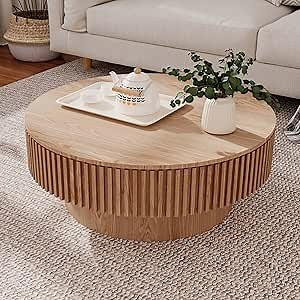 Round Coffee Table with Storage, Modern Wooden Coffee Table with Solid Wood Veneered, Circle Center Table Accent Tea Table for Living Room Apartment Small Space (31.5''L × 31.5''W × 14''H, Natural)