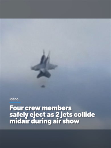 An air show at Mountain Home Air Force Base, Idaho, was abruptly canceled Sunday after two fighter jets collided in midair and crashed to the ground. All four members of the aircrew ejected, said Cmdr. Amelia Umayam, a spokesperson for the U.S. Pacific Fleet’s Naval Air Forces. The four were in stabilized condition, the base said. #idaho #airshow #jetcrash #crash #airforce