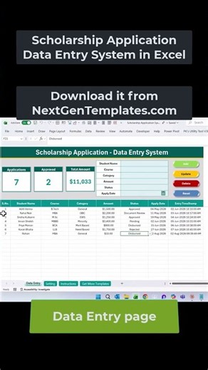 Scholarship Application Data Entry System in Excel Short Video #exceltemplate