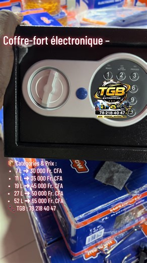 Coffre-fort électronique – Différentes catégories (Chez TGB) 🔐 Coffres-forts électroniques solides et fiables, avec code digital et clés de secours, idéals pour sécuriser argent, documents et objets de valeur. 📦 Catégories & Prix : \t•\t7 L ➜ 30 000 Fr. CFA \t•\t11 L ➜ 35 000 Fr. CFA \t•\t19 L ➜ 45 000 Fr. CFA \t•\t27 L ➜ 50 000 Fr. CFA \t•\t52 L ➜ 65 000 Fr. CFA ✅ Avantages : \t•\tOuverture par clavier numérique \t•\tVerrouillage automatique \t•\tClés de secours incluses \t•\tInstallation fac