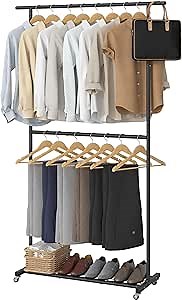 Sywhitta Double Rod Clothing Garment Rack, Rolling Coat Hanger with Bottom Mesh, Clothing Rack for Hanging Clothes, Coats, Skirts, Sweaters, Black