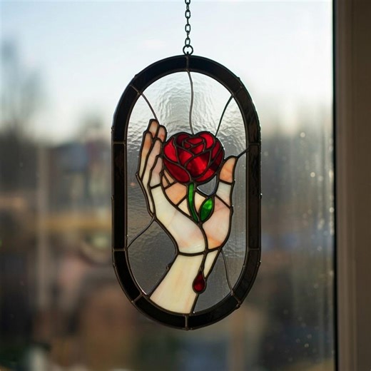 Gothic Stained Glass Pattern | Hand Holding Rose Heart PDF| Mystical Design Suncatcher Template - Etsy