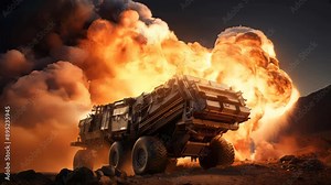 Military heavy armored armed SUV infantry fighting vehicle in battle on the battlefield in the war