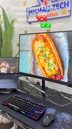 MicMau-Tech Enterprises on Instagram: "The Samsung LS27AG32X (Odyssey G3) is a 27-inch Full HD (1920x1080) VA gaming monitor featuring a fast 165Hz refresh rate, 1ms MPRT response time, and Adaptive Sync with FreeSync Premium for smooth, tear-free gaming, offering ergonomic adjustments (tilt, swivel, pivot) and a 3-sided borderless design for immersive play, connecting via HDMI and DisplayPort. Before:400k❌ Sales price:330k✅✅"