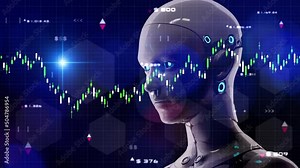 high frequency trading robot business finance stock exchange market trading graph chart economy financial planning business growth management data analytics, 3D robot candlestick chart background