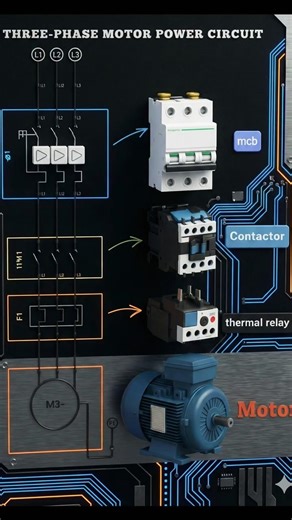 Three Phase Motor Power Wiring Connection Diagram #reels #mcb #Contactor #relay