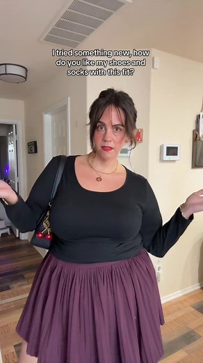 This is what I wore today as a plus size mom with an apron belly. I love pleated skorts like this to conceal my apron belly and it’s a really easy piece to wear with this long sleeve top that goes with everything. Let me know how you like the platform loafers and socks with this outfit. The skirt is Navy. The platform loafers are #plussizefashion #apronbelly #apronbellybaddies | Lindsey Baker, Apron Belly Girlie