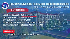 138 reactions · 17 comments | The application deadline for COMSATS University Islamabad, Abbottabad Campus has been extended to February 17, 2023. NTS (NAT and GAT) test will be on February 24, 2023, and the second merit list will be displayed on February 28, 2023. Classes will commence on March 06, 2023. Apply now at: https://admissions.comsats.edu.pk/ | COMSATS University Islamabad, Abbottabad Campus | Facebook
