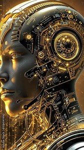 Android with a mechanical brain turning its head and opening its mouth