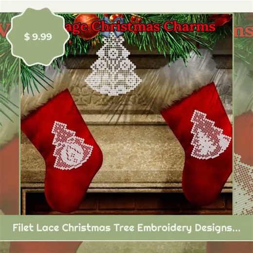 Filet Lace Christmas Tree Embroidery Designs: Crochet-Inspired Holiday Ornaments (Digital Download)