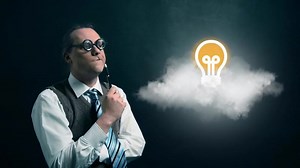 Download nerd or geek looking to flying cloud with rotating lightbulb icon for free