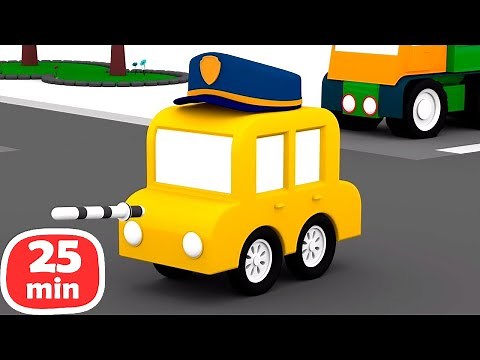 Os quatro carros coloridos trabalham na polícia. Compilação de desenhos animados para crianças