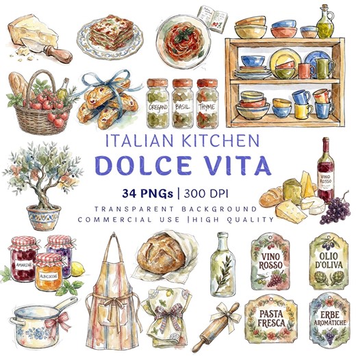Italian Kitchen & Dolce Vita Clipart PNG | Mediterranean Cooking Graphics | Digital Downloads - Etsy