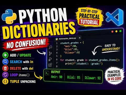 Python Dictionary in VS Code: Full Practical (Create, Add, Update, Delete, Search, items() & More)