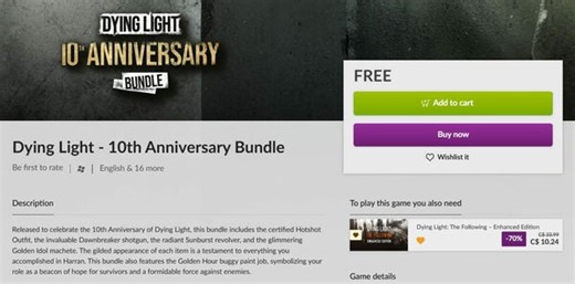 [Epic Games] [Steam] [GOG] (Windows) Dying Light - 10th Anniversary Bundle (Free DLC, requires base game ownership; ends Feb 10th) - RedFlagDeals.com Forums