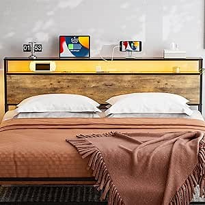Industrial King Size Storage Headboard with LED Lights and Charging Station, Metal and Wood Headboard Only for Bedroom, Attach Frame, Brown