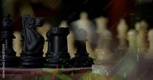 Chess pieces on board with financial data processing animation over them
