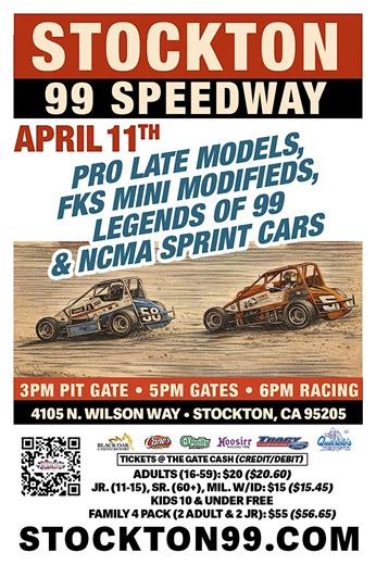 APRIL 11TH - PRO LATE MODELS, LEGENDS, MINI MODIFIEDS AND NCMA SPRINTS, Stockton 99 Speedway, 11 April 2026