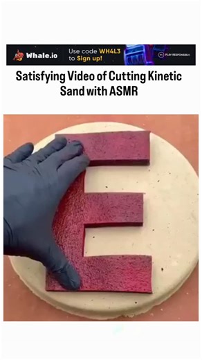 Wild_Memes | This post shares a 60-second ASMR video of gloved hands slicing kinetic sand molded into a red letter "E", blue triangles, pink stars, and... | Instagram