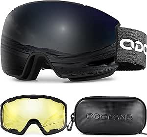 Odoland Magnetic Interchangeable Ski Goggles Set with 2 Lens, Anti-Fog UV Protection Snowboard Snow Goggles for Men Women