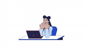 Nervous latina office worker trembling at laptop 2D character animation. Frightened female employee shaking covering mouth in anxiety animated person cartoon 4K isolated on white transparent